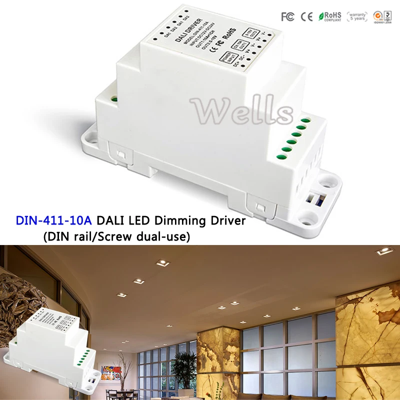 

DIN-411-10A DALI LED Dimming Driver(DIN rail/Screw dual-use);DALI Dimming Signal DC12-24V 10A*1CH output for led lamp