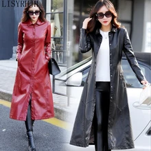 Новинка, Женская Высококачественная кожаная куртка, однобортная удлиненная модель, мотоциклетная Модная приталенная осенняя и зимняя парка