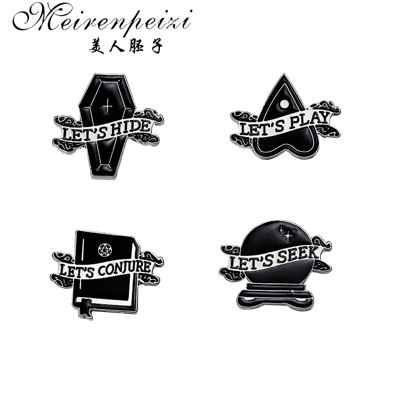 Meirenpeizi Black heart and handbook flame enamel pin black white hand brooches Badges Letter Witch jewelry Punk | Украшения и