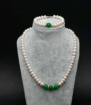 

shitou 00513 CHARMING 7-8 AAA NATURAL WHTIE PEARL&GREEN JADE NECKLACE&BRACELET SETS