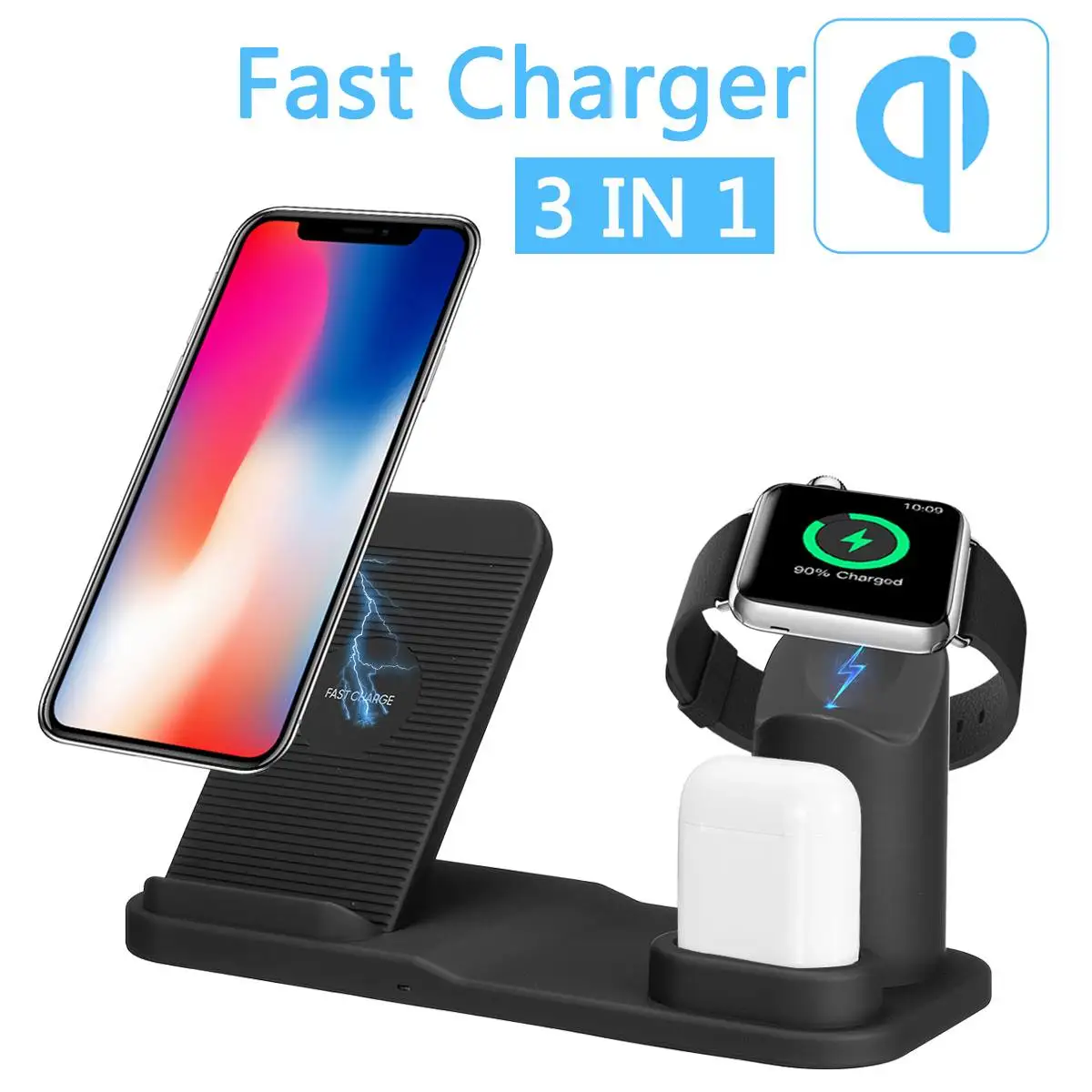 

3 in 1 10W QI Wireless Charger For iPhone XS Max XR X 8 Plus 10W Fast Charging Dock Stand For Apple Watch 2 3 4 For Samsung S10