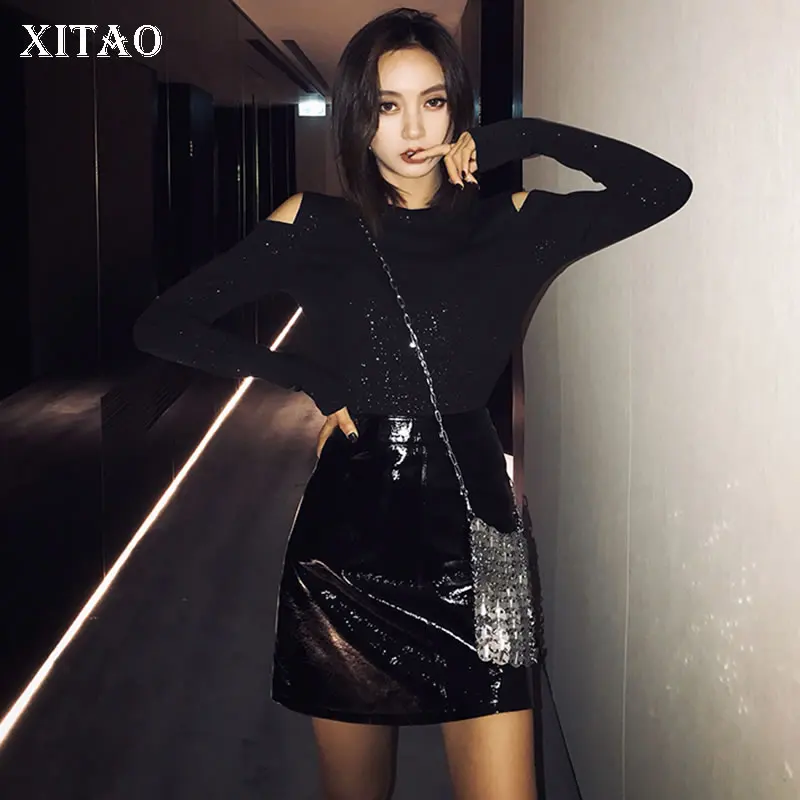 [XITAO] Корея новые модные Для женщин 2019 сезон: весна–лето круглым вырезом длинный рукав одноцветное Цвет футболка женский отверстие
