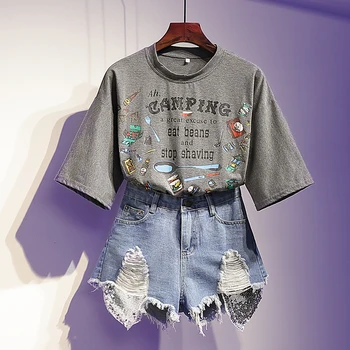 

Women Two Piece Set Letter Print TShirts +Short Denim Shorts Sets Summer Short Sleeve Top Tees Shorts 2pcs Sets Plus Size 5XL