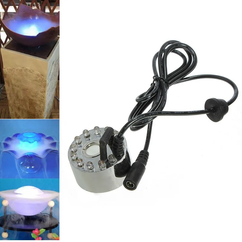 12 LED Mist Maker Fogger Water Fountain Pond Fog Machine Atomizer Air Humidifier With AC/DC