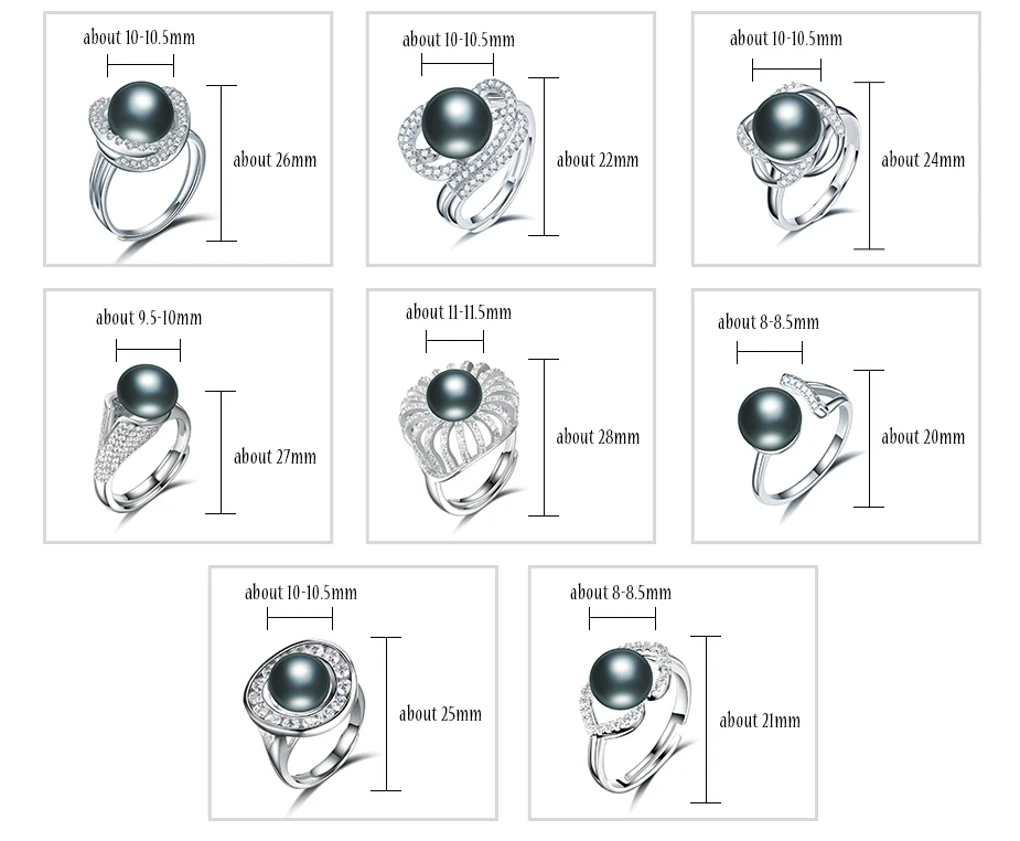 Натуральным черный жемчуг кольцо для женщин, Модные украшения 7-12 мм Большой естественный пресноводный жемчуг с циркон кольцо, 14 Стиль выбрать