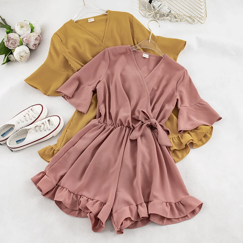 

2019 Summer Flare Sleeves Women Chiffon Playsuits Wide Leg Causal Bohemian Summer Holiday Rompers