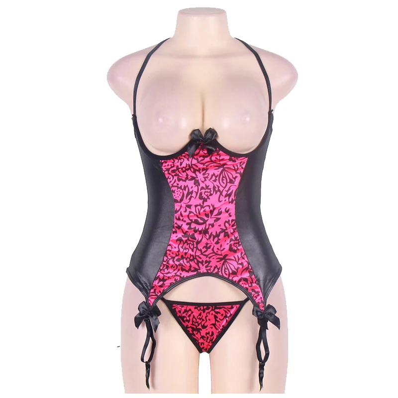 

Floral Halter Pu Leather Open Bra Baby Doll Sexy Lingerie Womens Hot Erotic Backless Rosy Erotic Lingerie Plus Size Dress