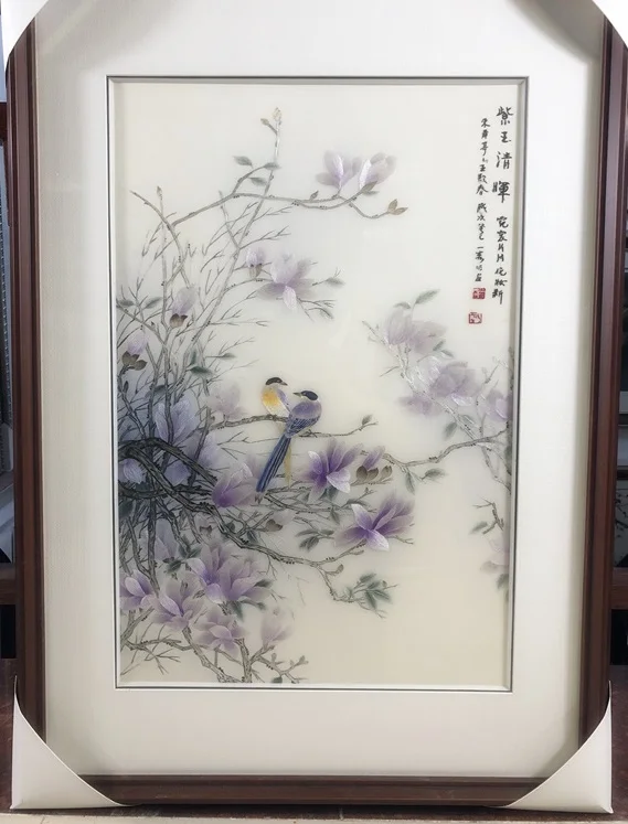

Handmade Gift 100% Mulberry Silk Thread Finished Su Embroidery Home Decor Painting Yulan and birds, not include frame 40*60cm