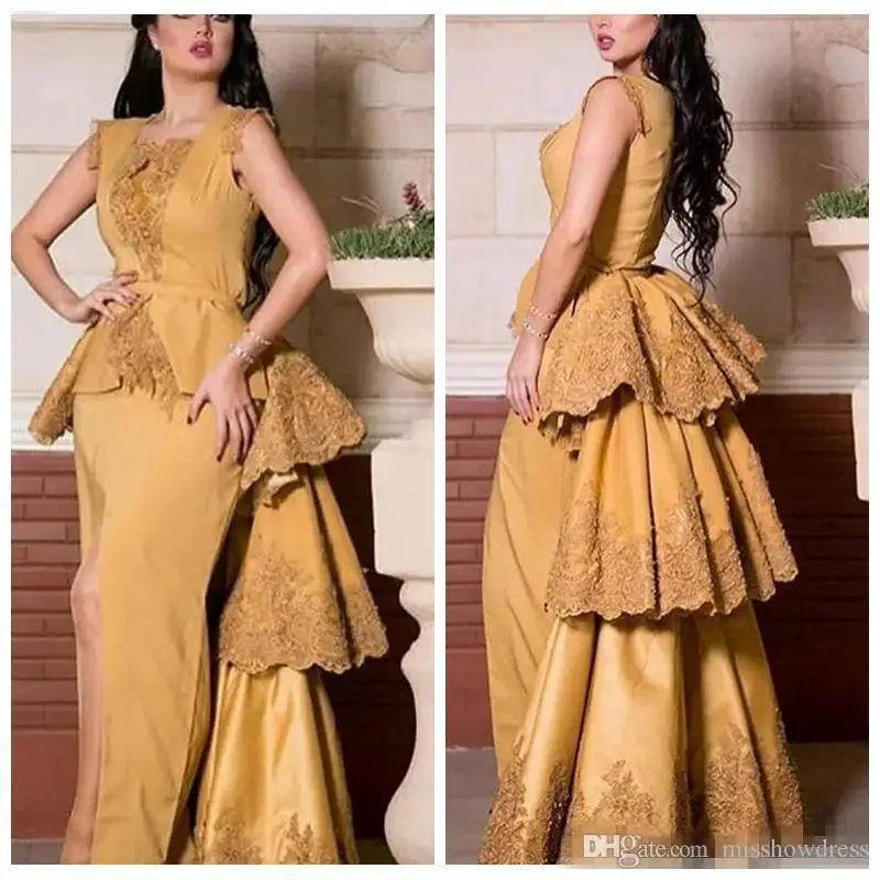 

robe de soiree 2019 Gold Lace A-Line Evening Dress Pleats Appliques Short Sleeves Formal Dress Fitted Front Split Plus Vestidos