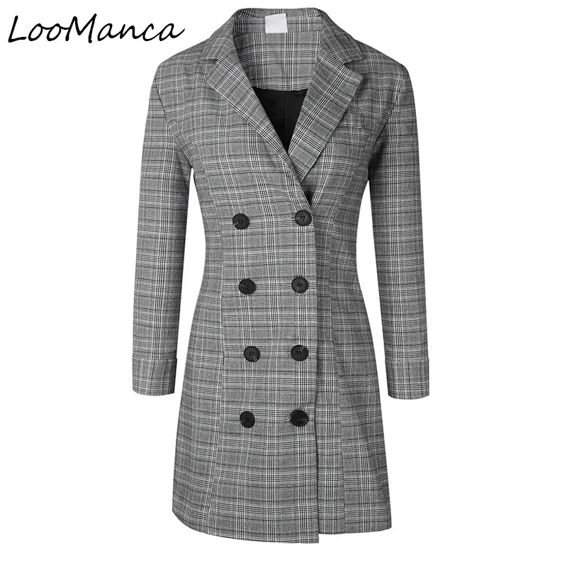 2018 Spring Long Blazers Notched Collar Thin Women Plaid Coats Korea Casual Full Sleeve Double