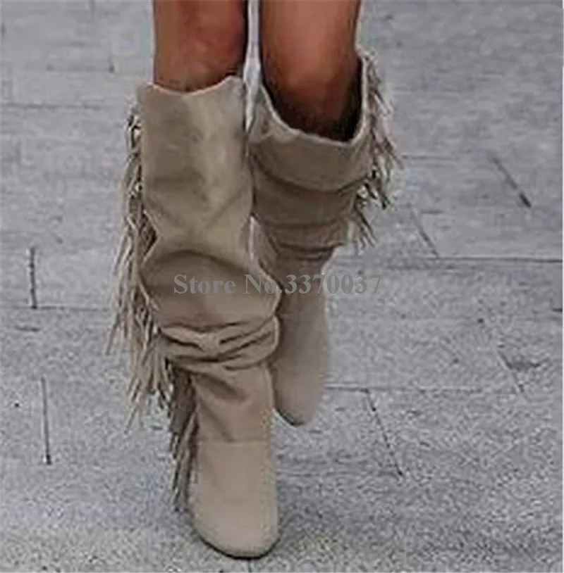 Новинка зимы модные женские туфли круглый носок замша Ленточки Сапоги выше колена высокая обувь на тонком каблуке Очаровательная бахромой длинные, с высоким каблуком; ботинки