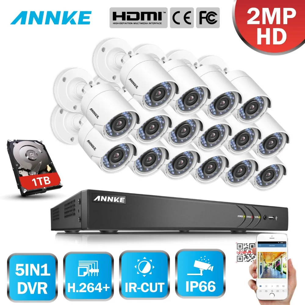 ANNKE 16CH 2MP HD 16 шт. DVR безопасности Камера Системы Открытый 5 в 1 H.264 IP66 всепогодный комплект видеонаблюдения ИК HDD 1/2/3 ТБ