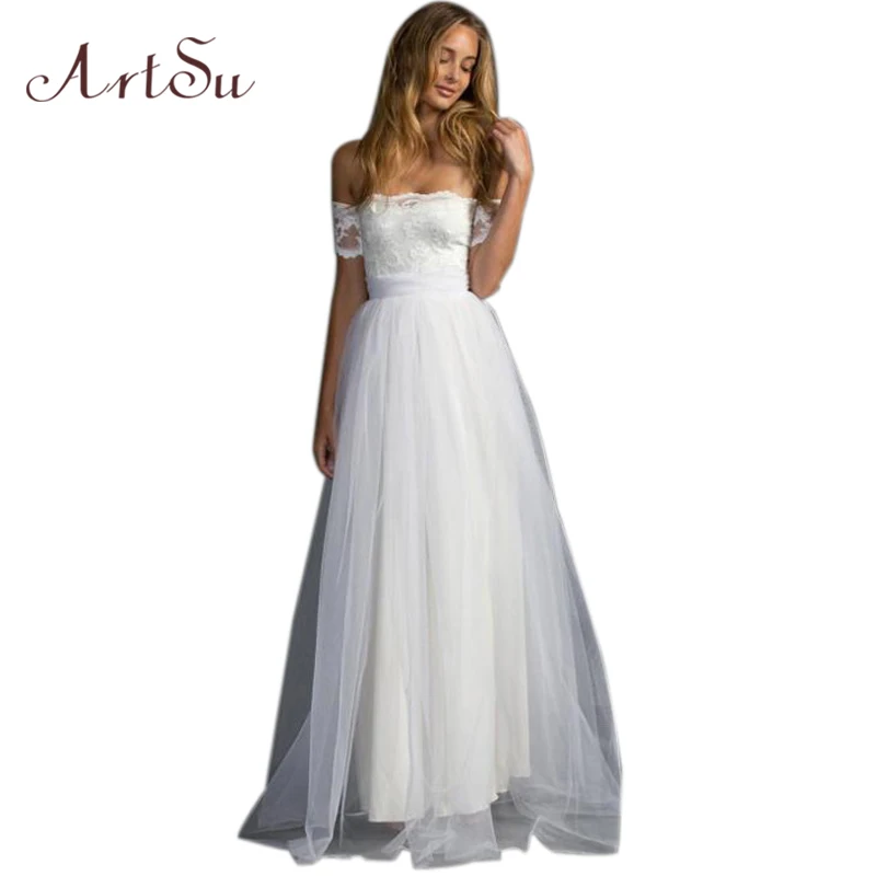 ArtSu White Lace Mesh Maxi Dress Women Elegant Long Boll Gown Dresses Sexy Slash Neck Plus Size Party Vestido De Festa ASDR30279 long-white-lace-dress