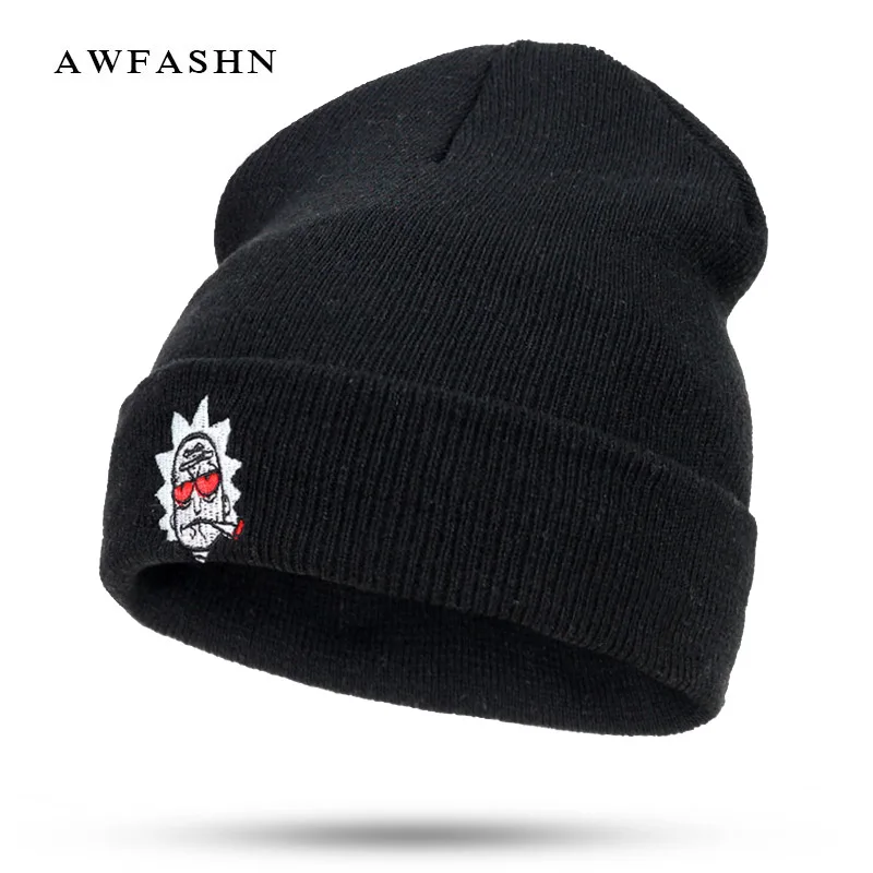 

2018 New Embroidery Animation Ski knit Beanies Rick and Morty Winter Hat Warm Man Woman Red Eyes Soft Cap Skullies Bone Leisure