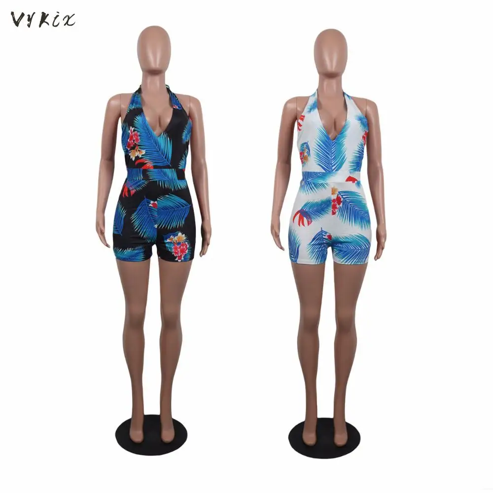 Hot Sell Halter Summer Shorts Skinny Print Casual Body Overalls Rompers Women Jumpsuit 2 Color