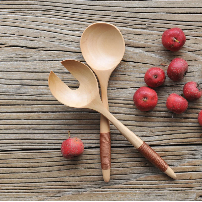 Eco friendly Large Round Noodle wooden Salad Fork Spoon Set 22x6cm Japanese Cuisine Wood Fork