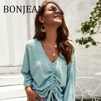 

BONJEAN Knitted Sweaters for Women 2019 Autumn Tops and Pullovers Lace-Up Green Sweaters Long Sleeve Casual Sweater BJ1467