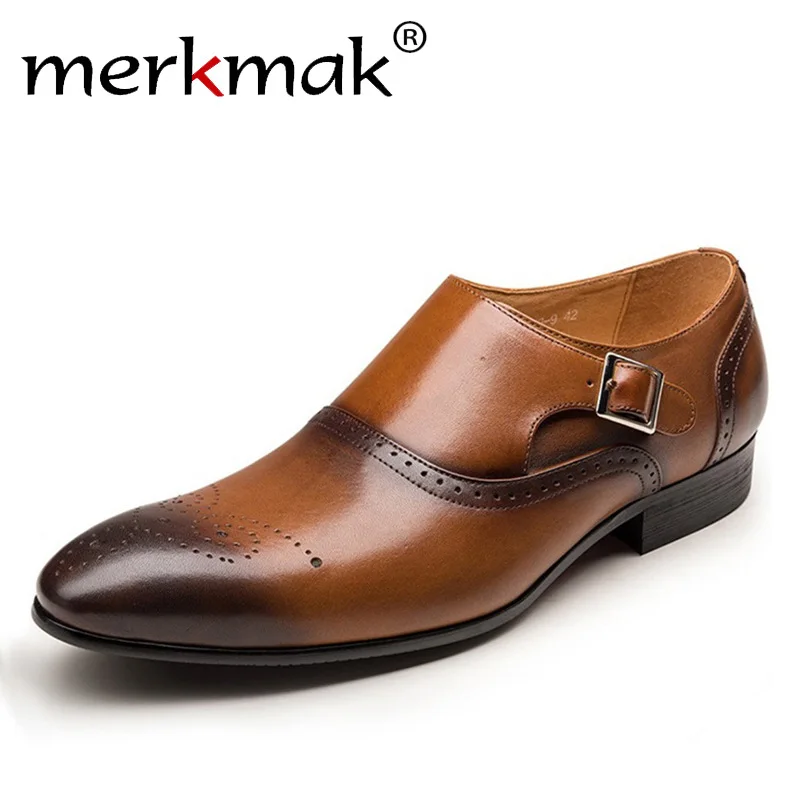 comprar Homens Se Vestem Sapatos Merkmak Brogue Sapatos Oxford Do Vintage Da Moda Couro PU Duplo Monge Cinta Fivela Sapatos de Casamento Formal