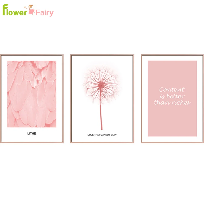 Pink Feather Rose Flowers Wall Art Canvas Painting Peony Nordic Poster Wall Pictures For Living Room Flamingo Decor Unframed