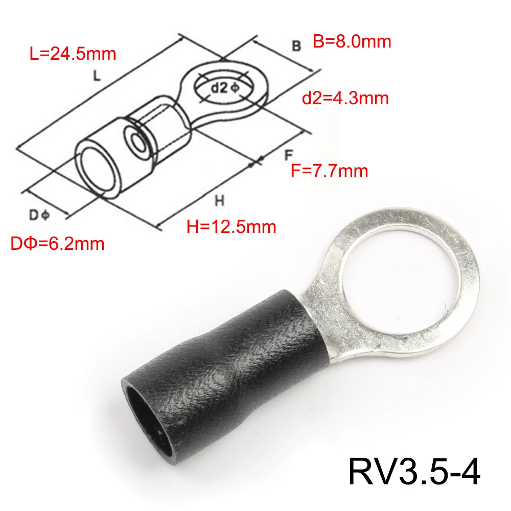 RV3.5-4 черное кольцо изолированный терминал 100 шт./упак. костюм 2,5-4mm2 кабель обжимной кабель провода разъем RV3-4 14-12AWG RV