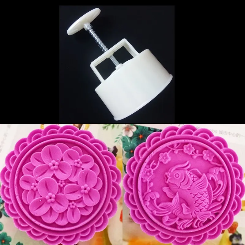 

250 Grams Giant Fish Flower Cake Plunger Tools Round 10 CM Plastic Cake Mold Hand Press Mooncake Stamps Large Molds For Cakes