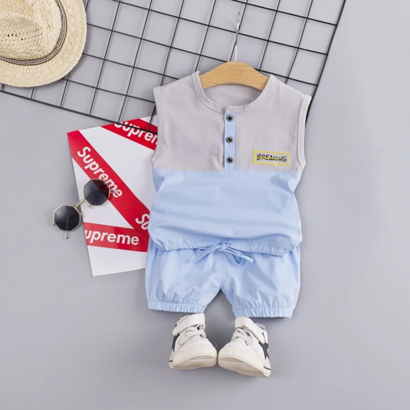 2Pcs/Set Summer Children Baby Boys Casual Sleeveless Patchwork Design Vest Tops+Shorts Suits Costume Set