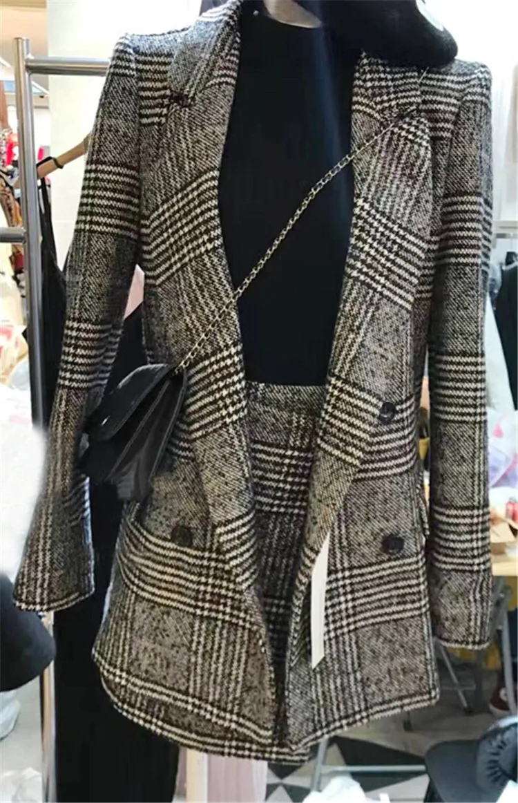 Весенне-осенний Женский комплект с юбкой и курткой женский клетчатый костюм с юбкой OL стиль женский двубортный блейзер с мини-юбкой