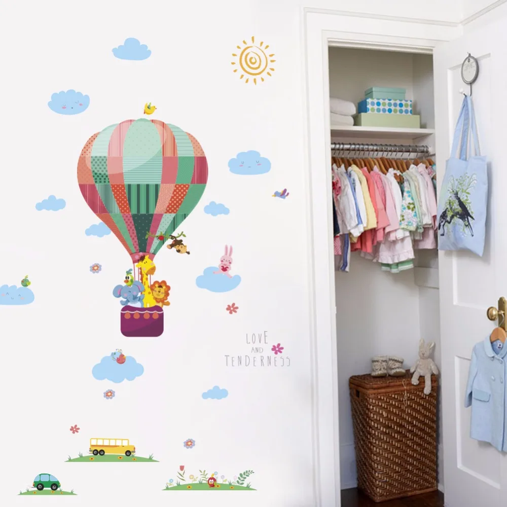 Красочный воздушный шар животных настенные наклейки для детского сада льва жирафа детский Виниловый фон для помещения с героями мультфильмов классная комната, для стен наклейка плакат
