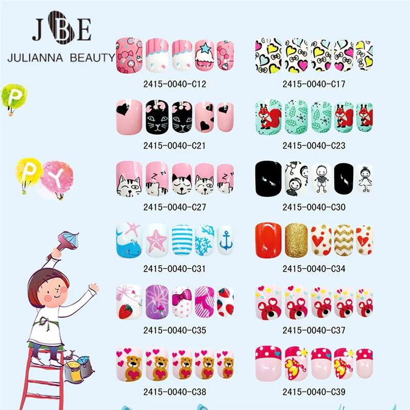  24PCS Press on Children Candy False Nail Tips Cartoon Full Cover Kid Pink Fake Nail Art for Little 
