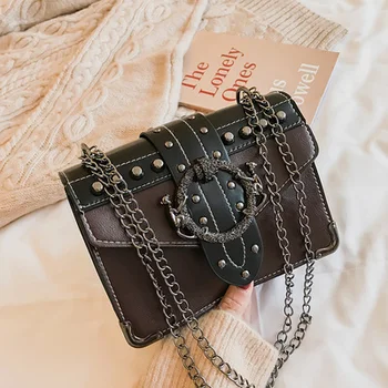 

Vintage Rivet Small Square Crossbody Bags Mini Women Handbag Lock Pu Leather Chain Shoulder Bag Woman Messeng Bags