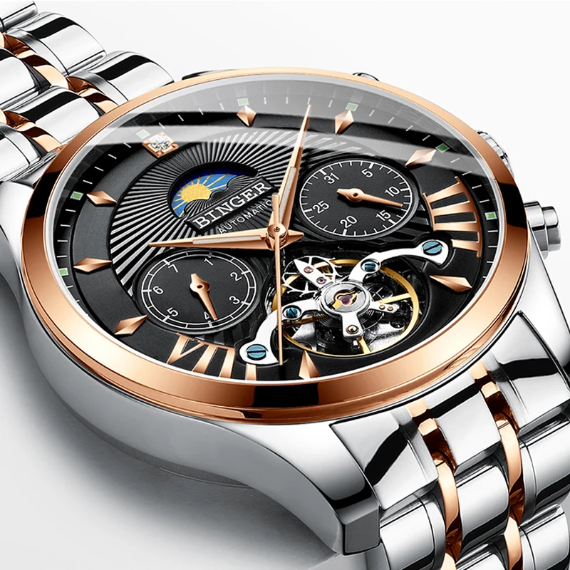 

BINGER Switzerland Automatic mechanical watches men luxury brand multi-function Tourbillon watch Leather and steel strap 2019