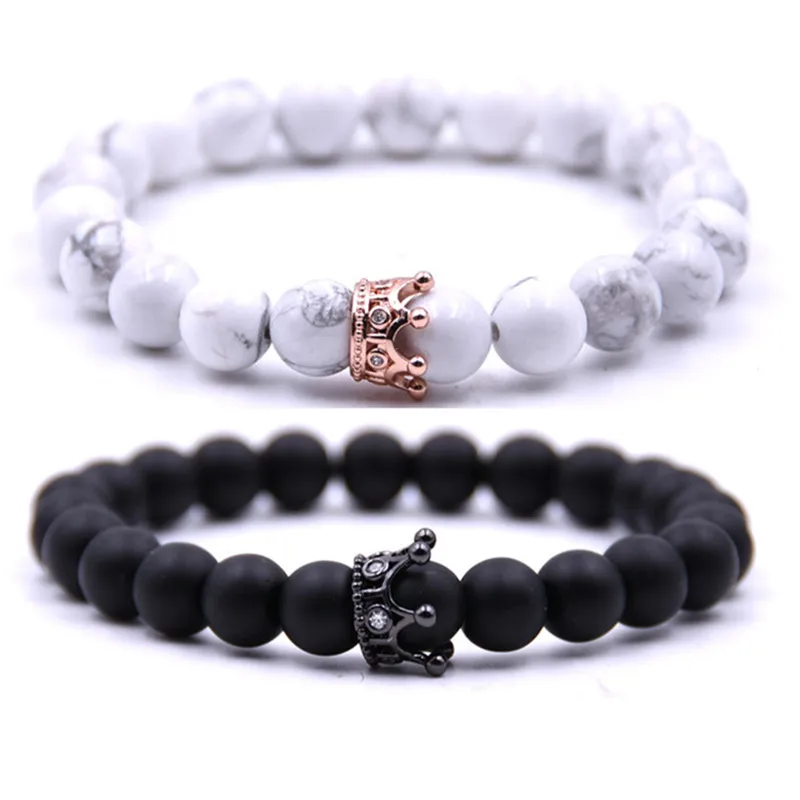 

DIEZI Men Natural Beads Couple Crown Charm Bracelets For Women Black White Bracelets Jewelry Pulseira Masculina Feminina
