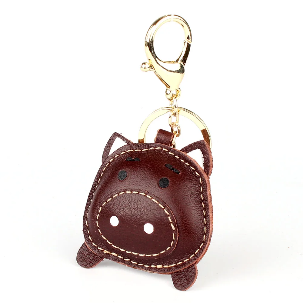 

Handmade Cute Pig Puppy Genuine Real Leather Dog Keychain For Keys Animal Car Key Chain Key Ring Women Bag Pendant Charm