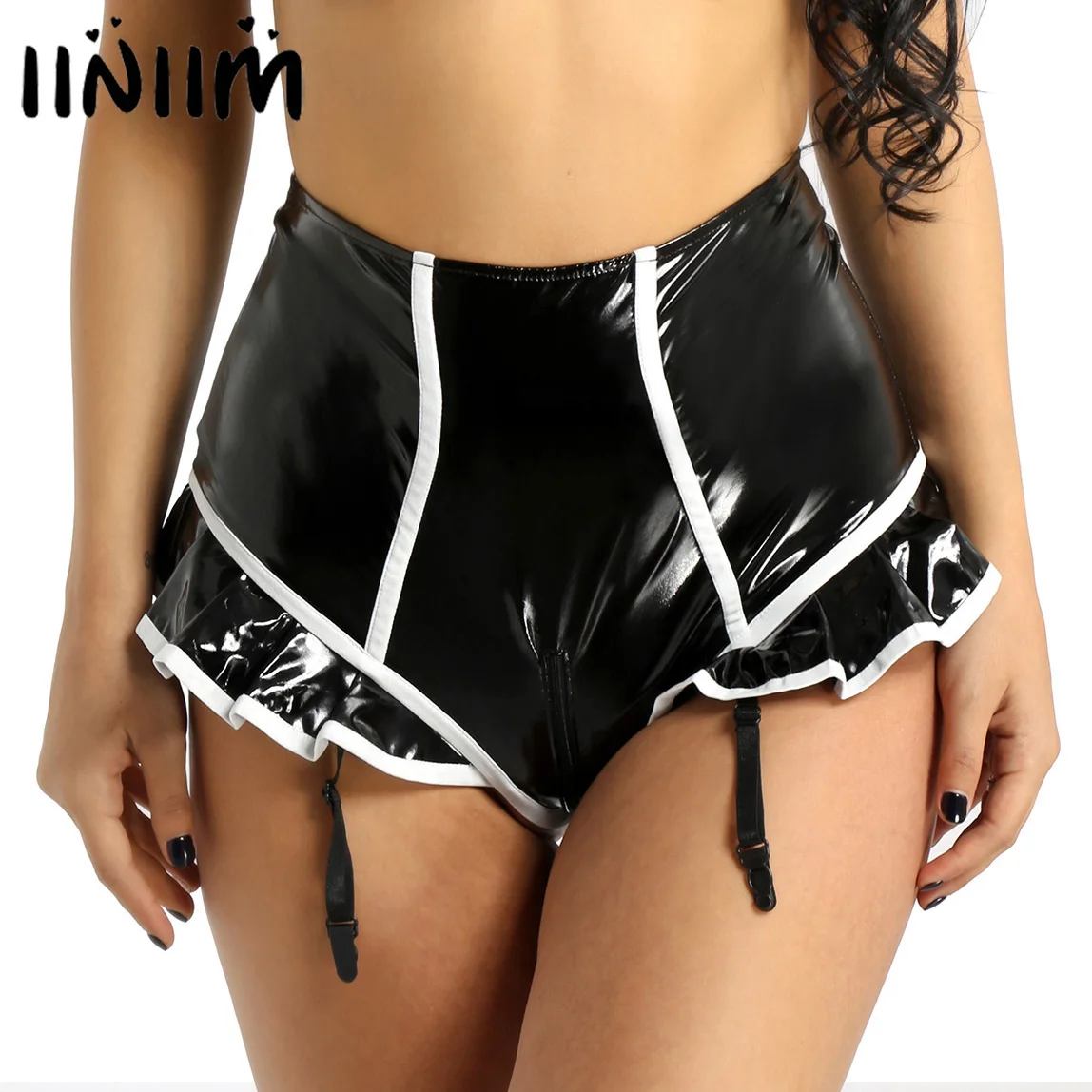 

Womens Wetlook Faux Leather Ruffled and Lined Zipper Crotch High Waist Surspender Panties with Plastic Garters Sexy Clubwear
