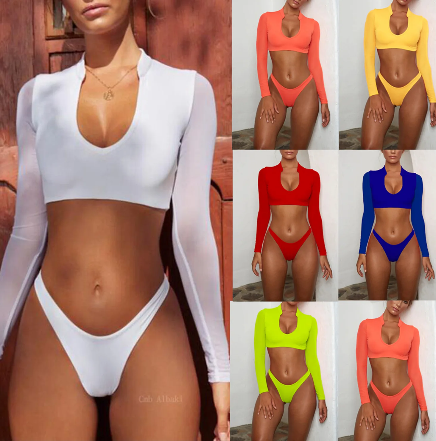 

Summer Beach Tankini Swimsuits Women Swimwear Women Two Piece Long Sleeve Mesh Padding Bikini Crop Top Thong String Bikini Set