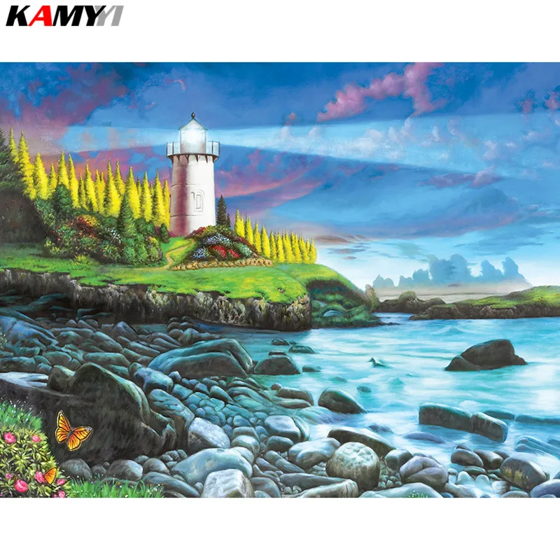 

Diamond Embroidery landscape Handmade Diamond Painting Seaside lighthouse Needlework Mosaic Cross Stitch Home Decor XY1