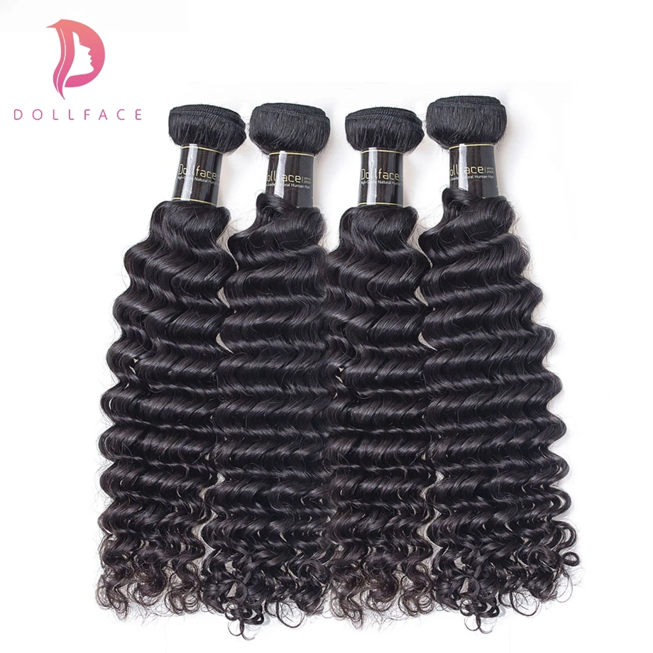 Dollface перуанский глубокая волна Девы волос человеческих волос Weave Связки 100% Необработанные Природные Цвет пучки волос 4 шт. Бесплатная