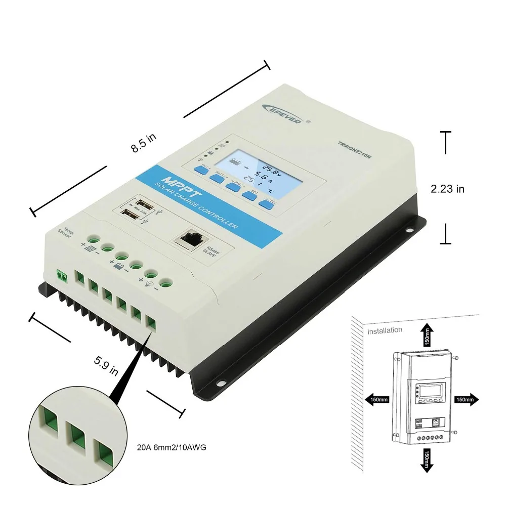 EPever TRIRON MPPT 30A 20A Солнечный контроллер 12/24VDC автоматический общий отрицательный модульный регулятор lcd двойной USB контроллер солнечной панели