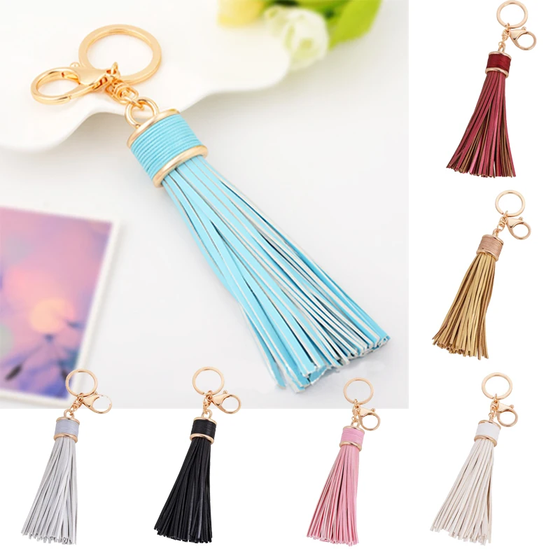 

High Quanlity Simple Casual PU Leather Long Tassel Pendant KeyChain Keyrings For Women Girl Bag Car Accessories KeyChain Gift