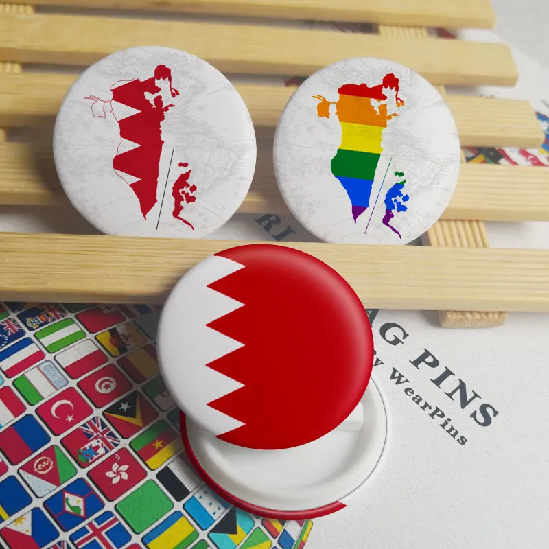

Bahrain Flag Map Tin Button Pins LGBT Gay Rainbow Pride Tin Button Badges