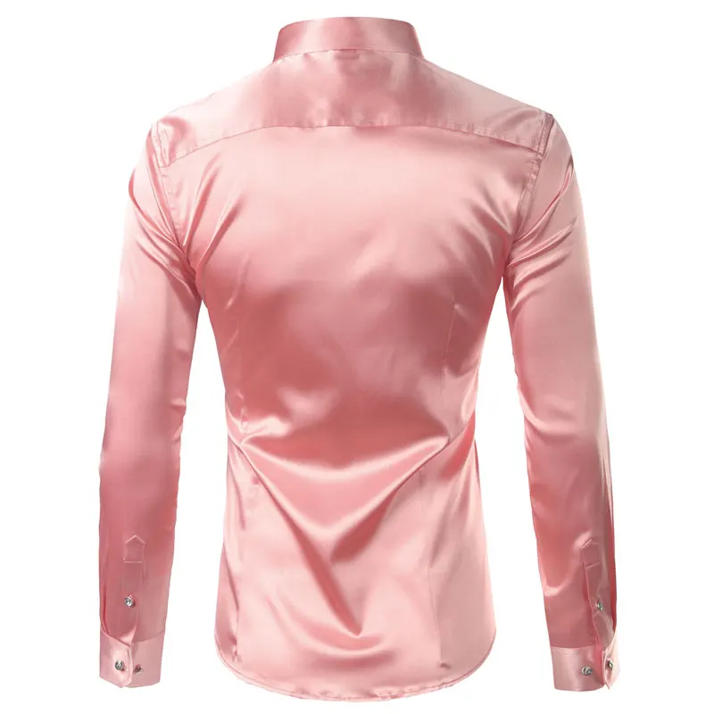Розовый шелковый атлас рубашка мужская 2018 новый высококачественный смокинг рубашки мужские эмуляции шелковая сорочка прополка бизнес Camisas