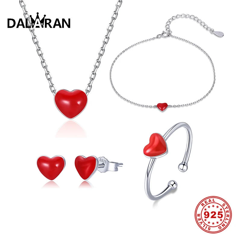 

DALARAN 925 Sterling Silver Fine Jewelry Set Cute Red Love Heart Enamel Never Fade RI+BR+EA+NE For Women Valentine'S Day Gift