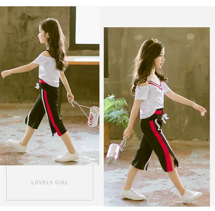 Fashion Summer Girl Clothing Teenage 2019 Child Set 2Pcs White T Shirt Wide Leg Pants Kids Clothes Outfits Sports Suit For Girls (9)