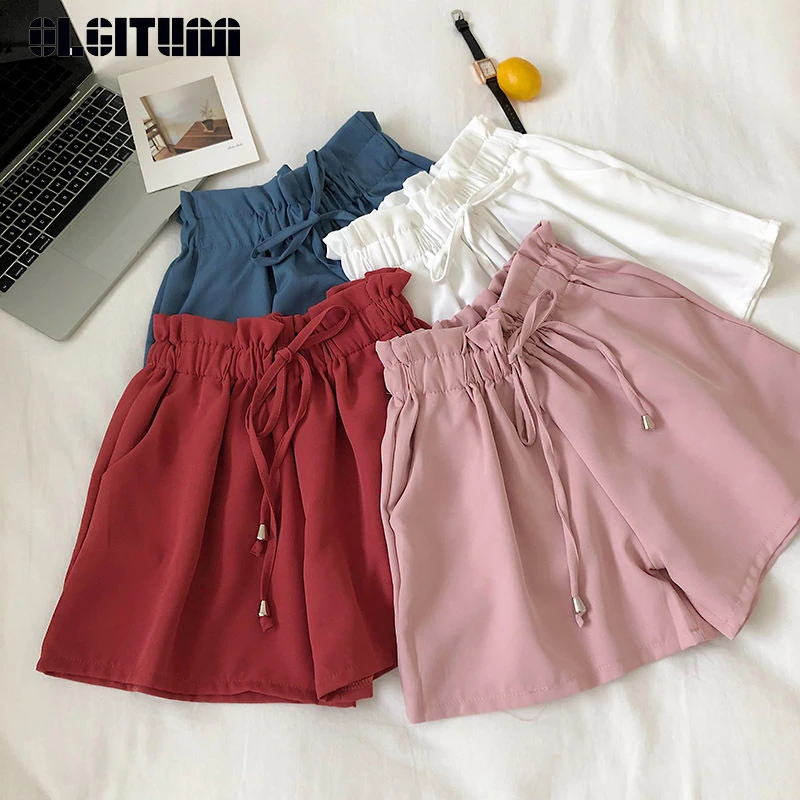 

New 2019 Summer Korean Wide Leg Shorts Women Chic Loose Solid Drawstring High Waist Bud Shorts Casual Shorts Female