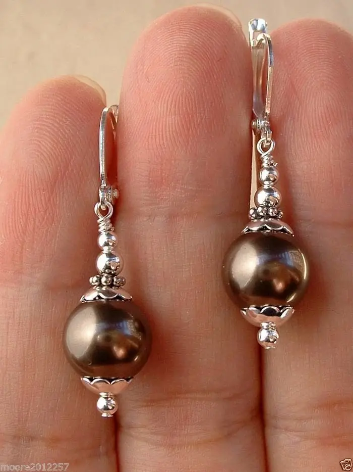 

beautiful South Sea chocolate Shell Pearl Silver Leverbacks Earrings