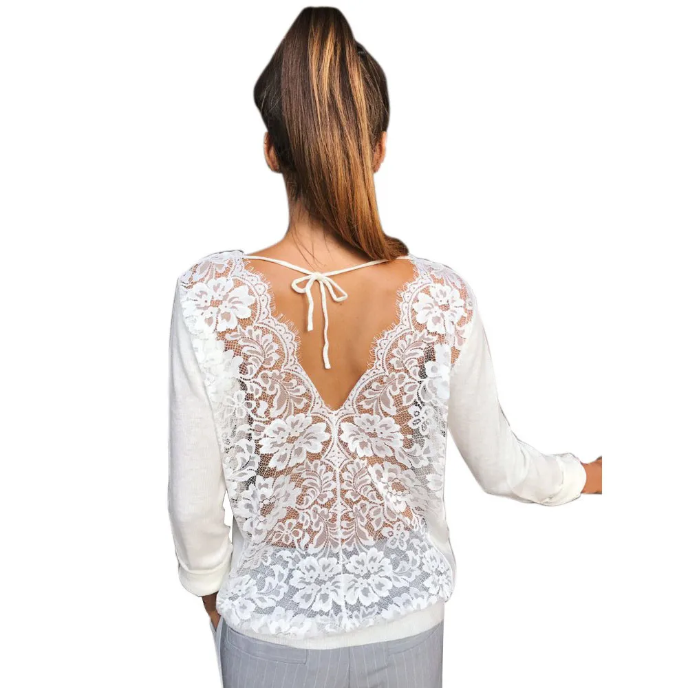 Женская блузка, белые кружевные блузы для женщин с открытой спиной и круглым вырезом, кружевная Толстовка с длинным рукавом, пуловер, топы, блузка, рубашка, blusas femininas 7