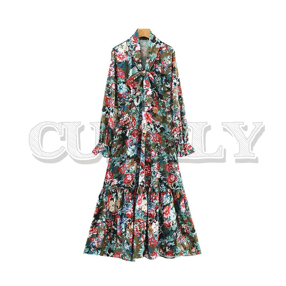 

CUERLY women bow tie collar floral maxi dress ruffles side zipper pleated long sleeve female casual dresses retro vestidos