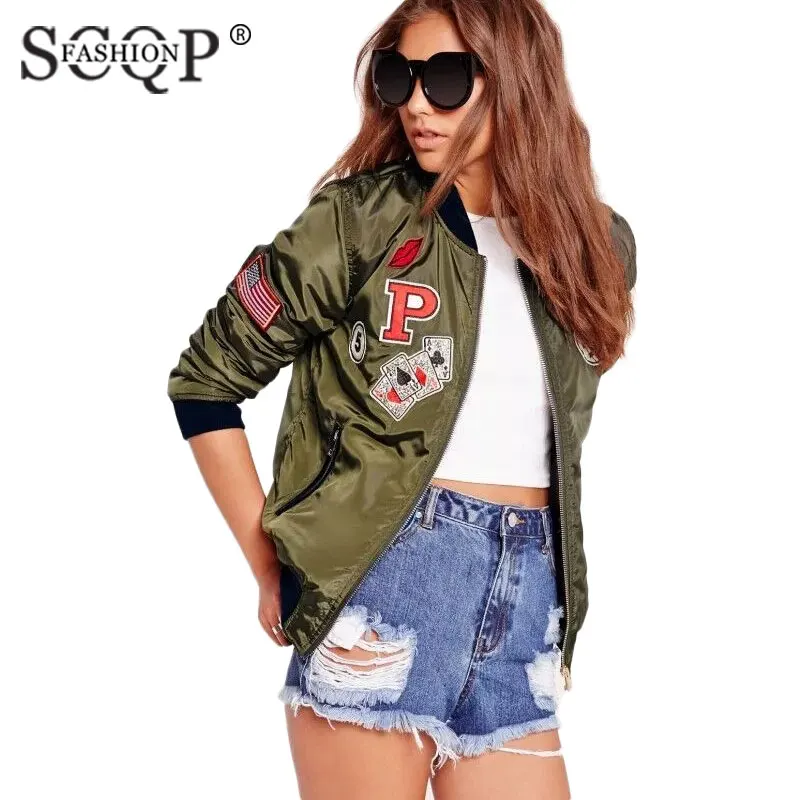 SCQP FASHION Letter Cartoon Appliques Bomber Jacket Women Embroidery