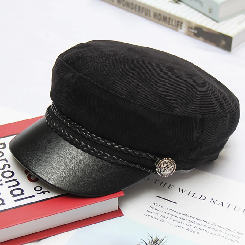 Женская шапка в Военном Стиле, женская кепка в морском стиле, модные женские береты, шляпы с плоским верхом, шляпы матроса, кепка для морского плавания - Цвет: Black