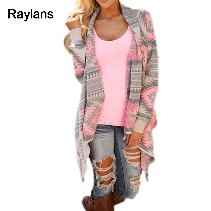 Raylans 2017 Women Irregular Geometric Printed Cardigan Open Front Loose Sweaters Jumper Outwear Coat Tops |